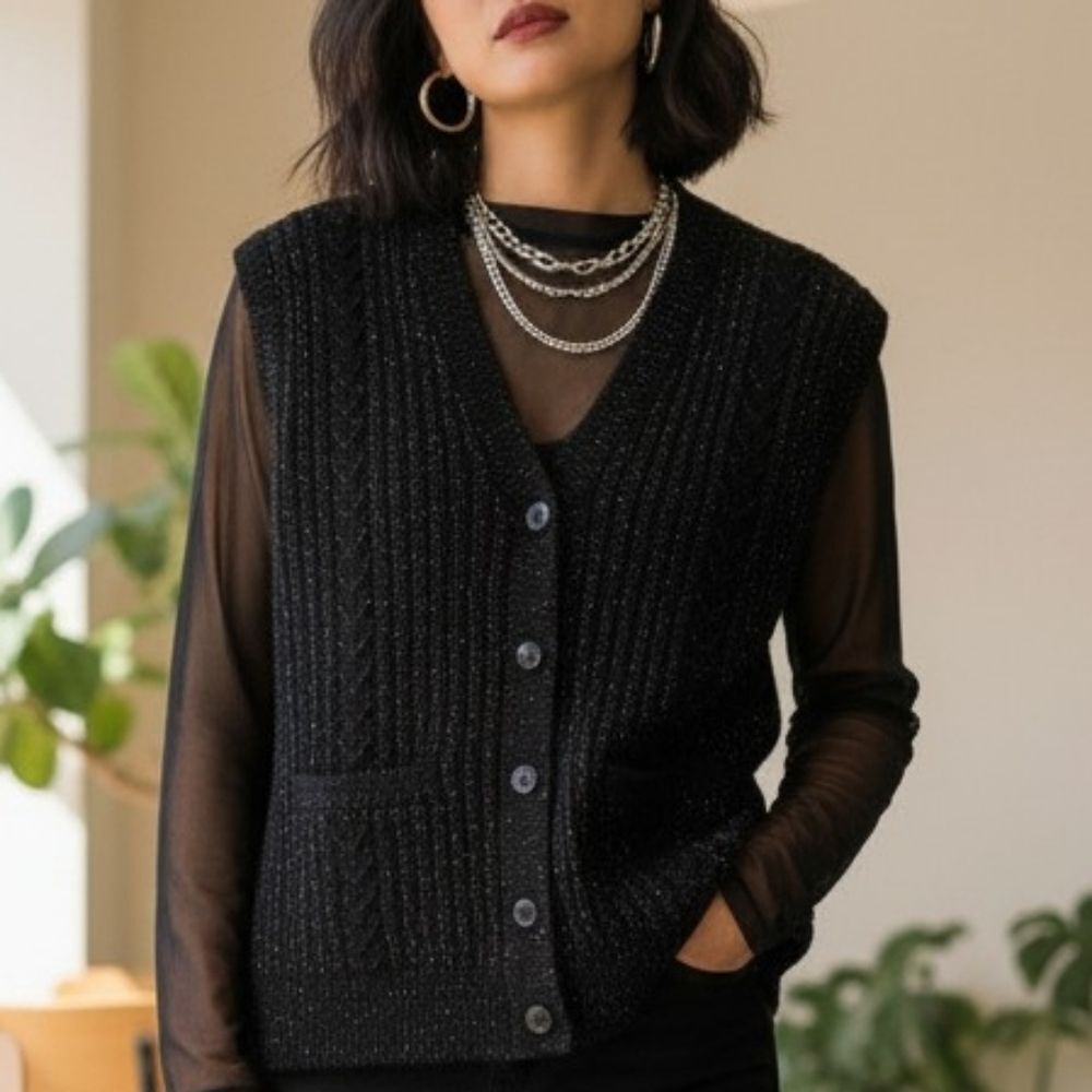 Vintage Metallic Sparkles Black Ribbed Knit Vest